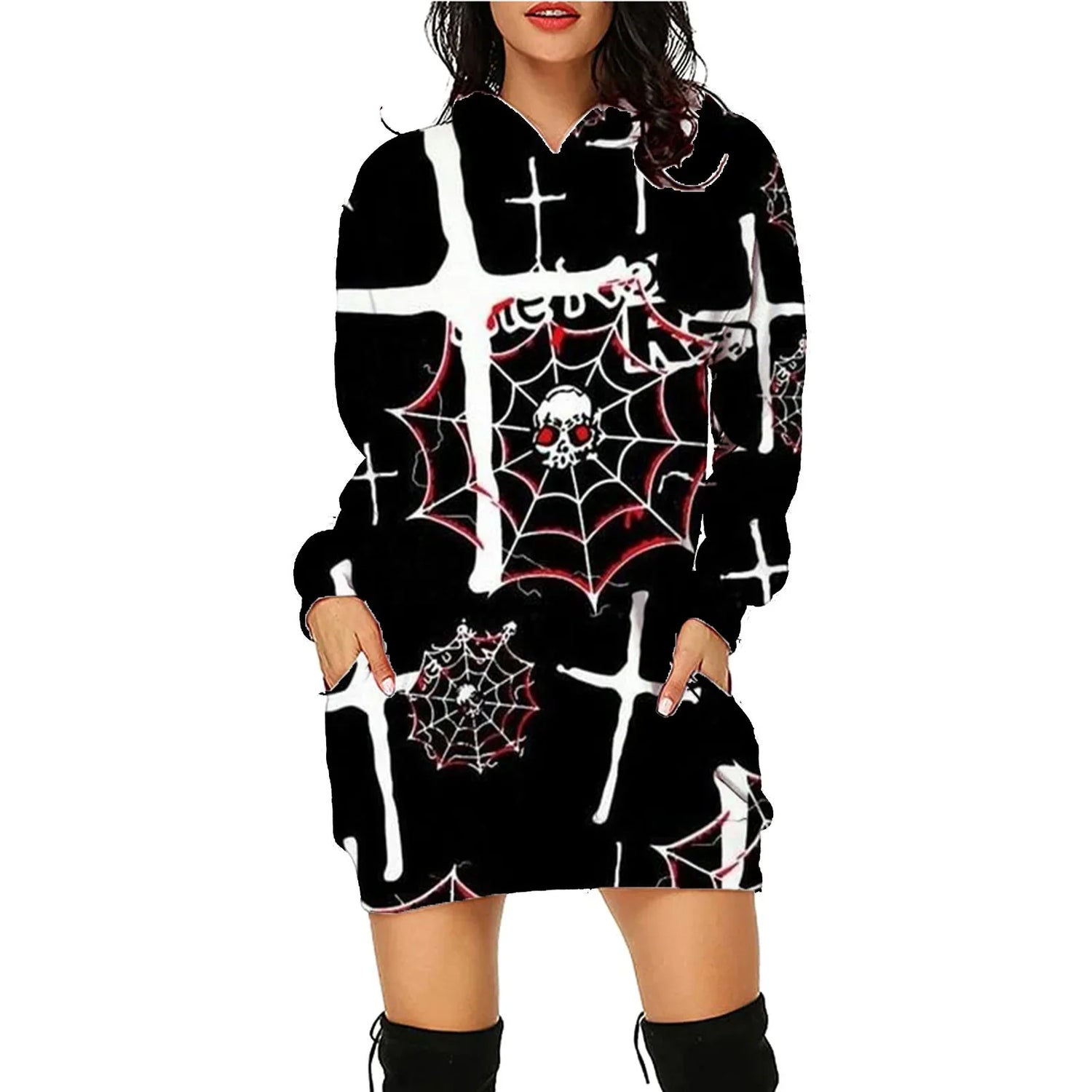 Black oversized hoodie dress with white crosses and skull spiderweb pattern, long sleeves