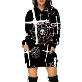 Black oversized hoodie dress with white crosses and skull spiderweb pattern, long sleeves