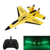 Yellow remote control fighter jet toy with black accents, foam material, and night LED lights.