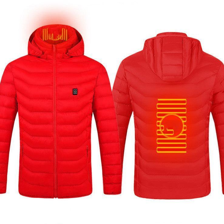 Men's red puffer jacket with hood, heated panels, slim fit, zip closure, and quilted design.