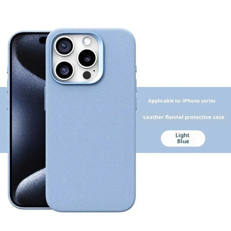 Light blue leather flannel iPhone case with textured finish, slim protective design