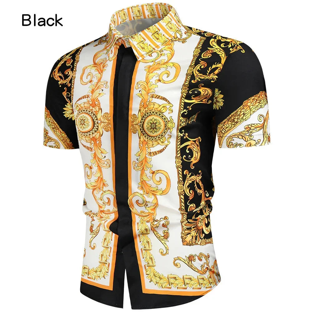 Men's short-sleeve button-up shirt with ornate gold baroque print, black and white colorblock, slim fit.