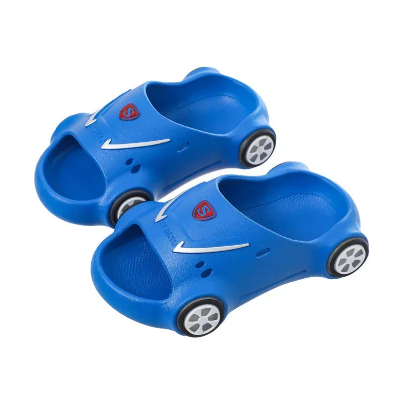 Blue car-shaped slip-on sandals, open-toe style, rubber material, playful kids' footwear