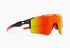Futuristic sunglasses with large red mirrored shield lens, black and red frame, sporty fit