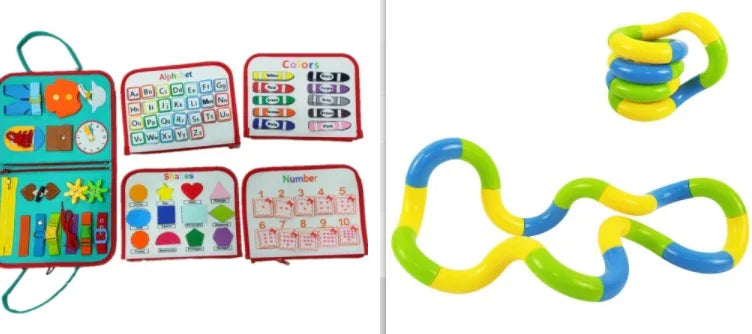 Colorful educational activity kit with fabric books, puzzles, and green-yellow-blue fidget toy