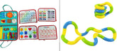 Colorful educational activity kit with fabric books, puzzles, and green-yellow-blue fidget toy