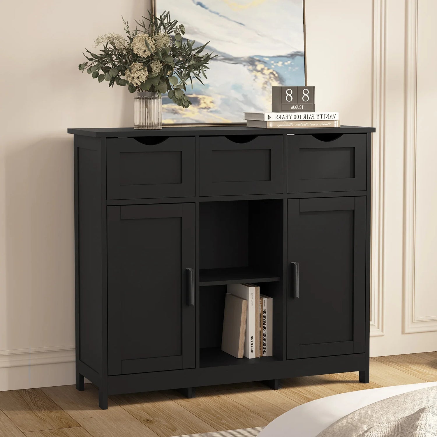Modern black wood storage cabinet with three drawers, two doors, and open shelves.