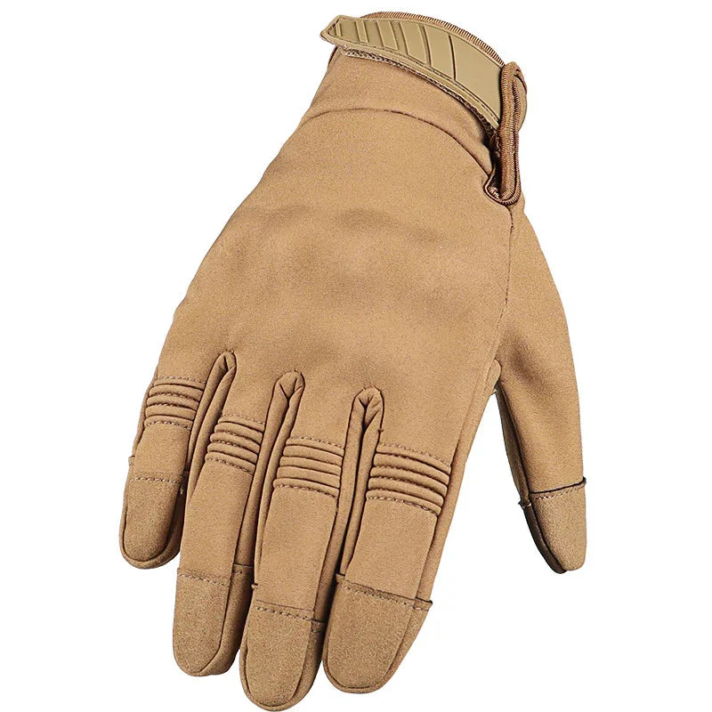 Tan tactical glove with adjustable strap, durable fabric, ergonomic fit and reinforced stitching