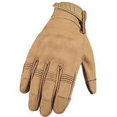 Tan tactical glove with adjustable strap, durable fabric, ergonomic fit and reinforced stitching
