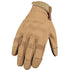 Tan tactical glove with adjustable strap, durable fabric, ergonomic fit and reinforced stitching