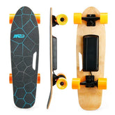 Electric skateboard with geometric grip tape, yellow wheels, and natural wood finish