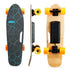 Electric skateboard with geometric grip tape, yellow wheels, and natural wood finish