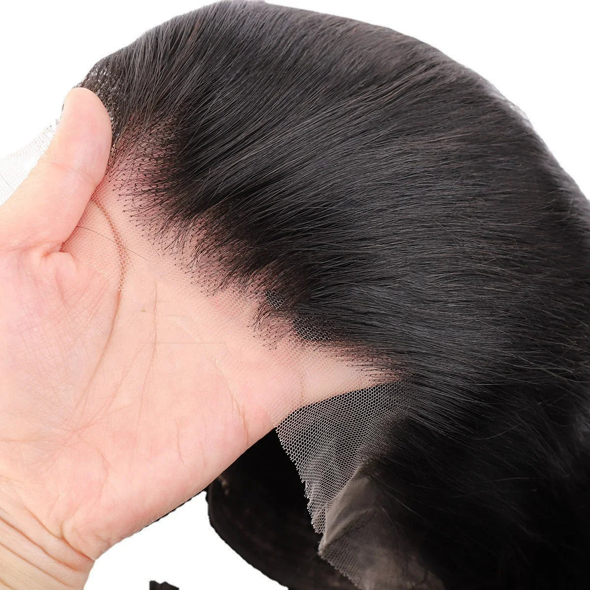 Close-up of natural black straight lace front wig, showing realistic hairline and mesh base.