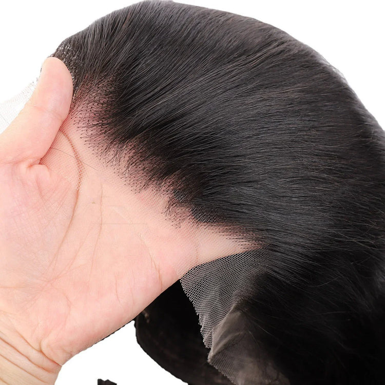 Close-up of natural black straight lace front wig, showing realistic hairline and mesh base.