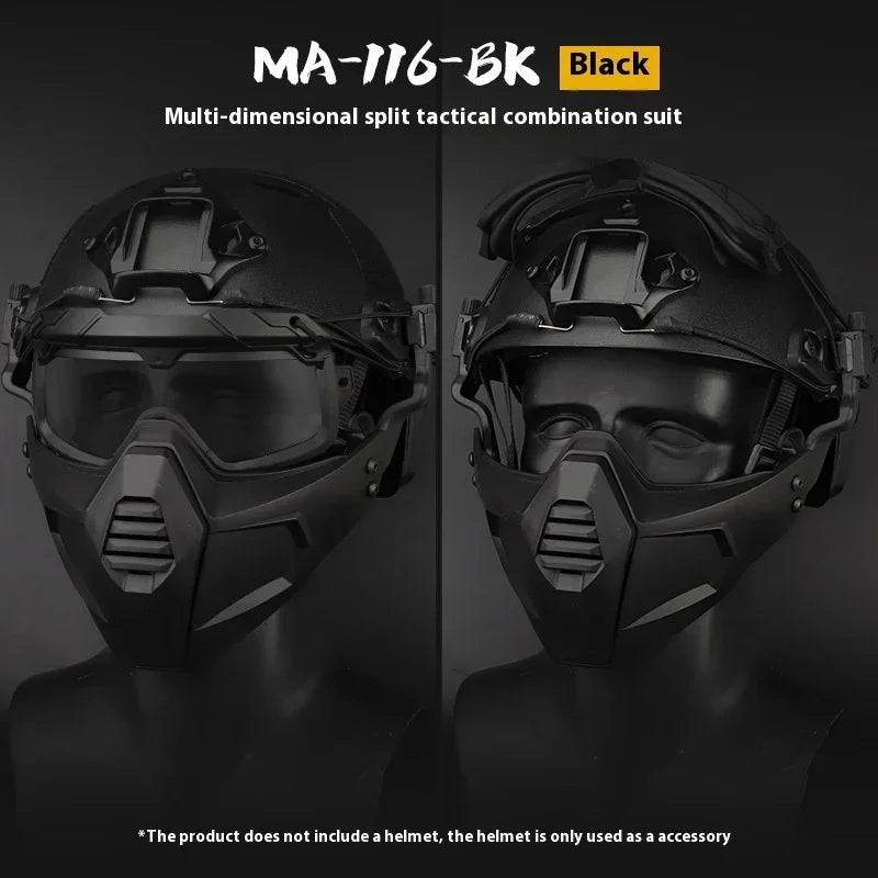 Black tactical mask with futuristic design, hard plastic material, paired with a helmet