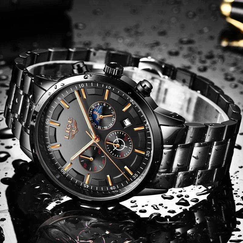 Sleek black stainless steel chronograph watch with gold accents and water-resistant design