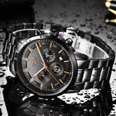 Sleek black stainless steel chronograph watch with gold accents and water-resistant design