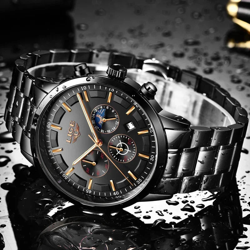 Sleek black stainless steel chronograph watch with gold accents and water-resistant design