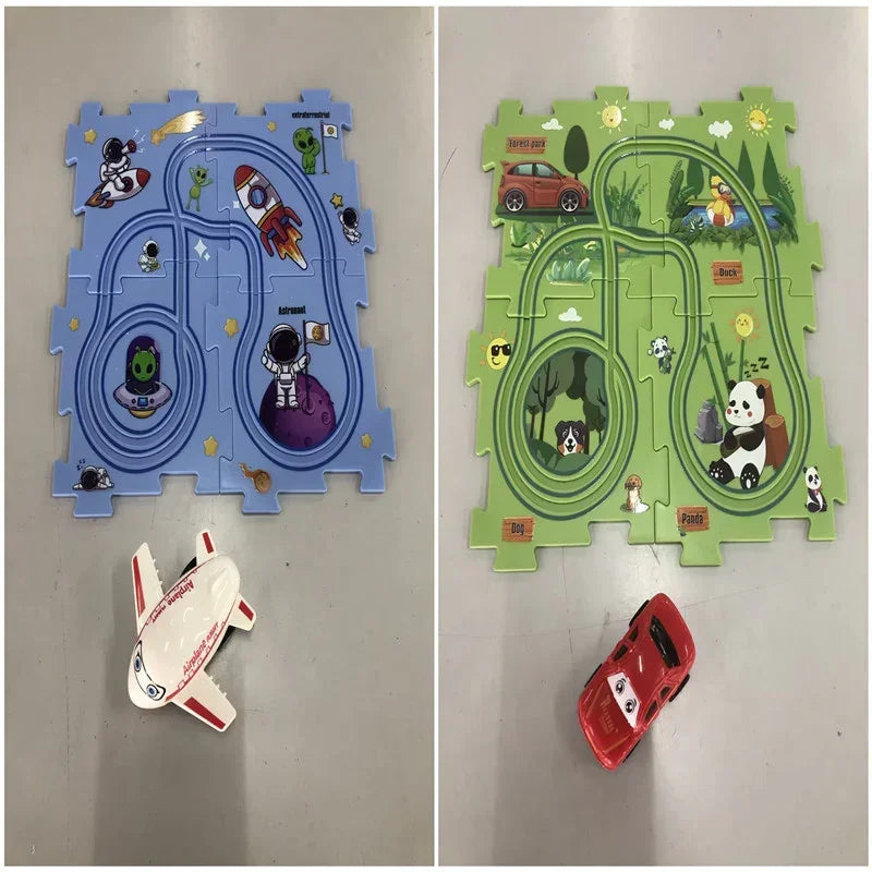 Kids' floor play mats with cartoon space and animal designs, featuring toy airplane and car.