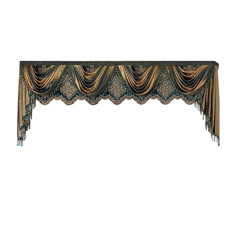 Ornate gold and teal window valance with draped, embroidered fabric and beaded trim.