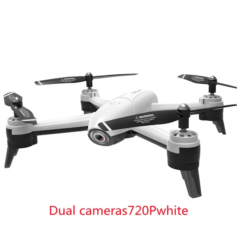 White quadcopter drone with dual cameras, 720P resolution, sleek modern design