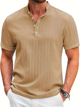 Beige ribbed short sleeve shirt with mandarin collar, relaxed fit, and button placket