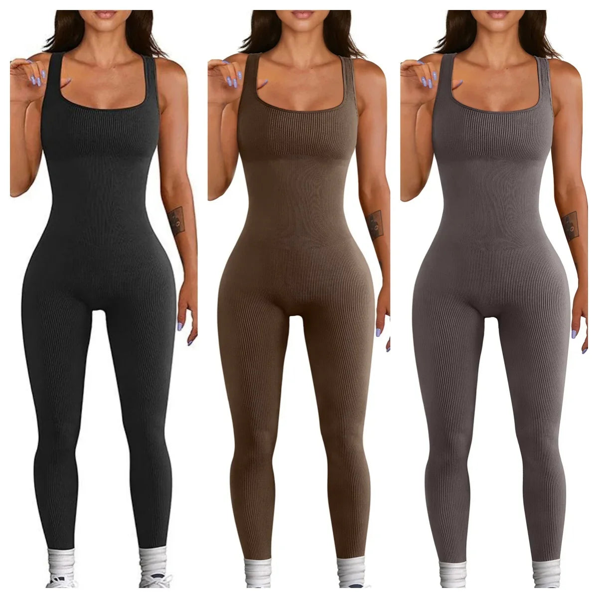 Women’s ribbed sleeveless jumpsuits in black, brown, and grey, body-hugging fit.