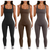 Women’s ribbed sleeveless jumpsuits in black, brown, and grey, body-hugging fit.