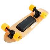 Electric skateboard with natural wood deck, black motor housing, and bright yellow wheels