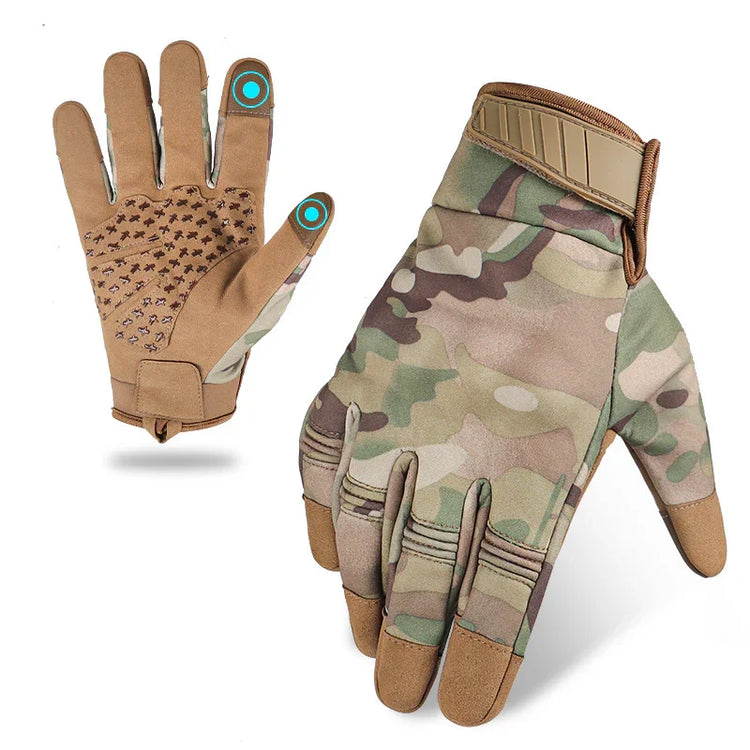 Camouflage tactical gloves with touchscreen fingertips, durable material, adjustable wrist strap.