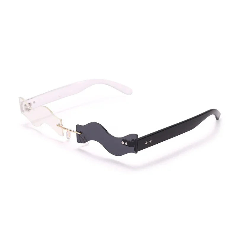 Wavy frame sunglasses with clear and black plastic arms, futuristic streetwear accessory