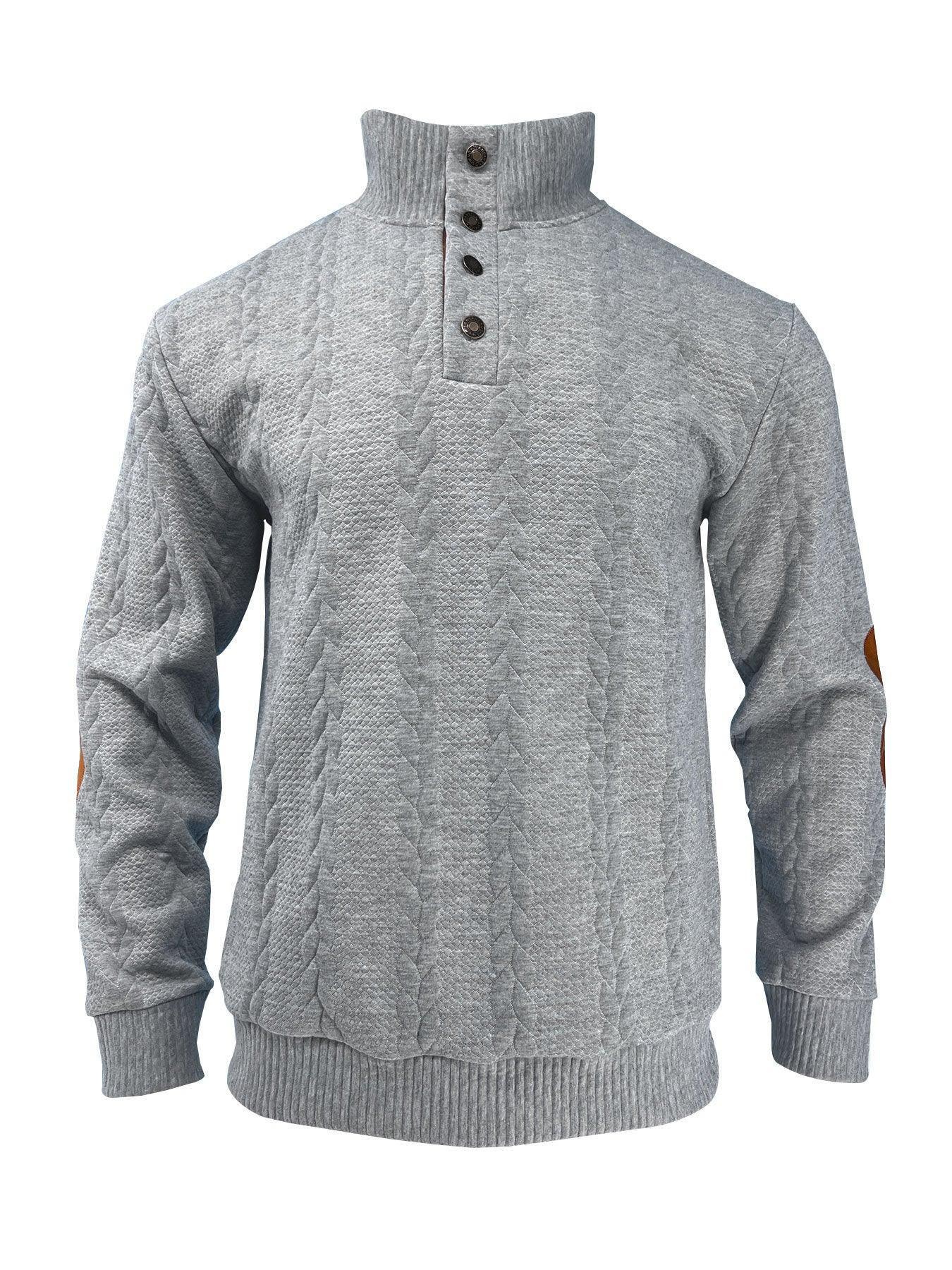Gray cable knit pullover sweater with high ribbed collar, button placket, and relaxed fit.