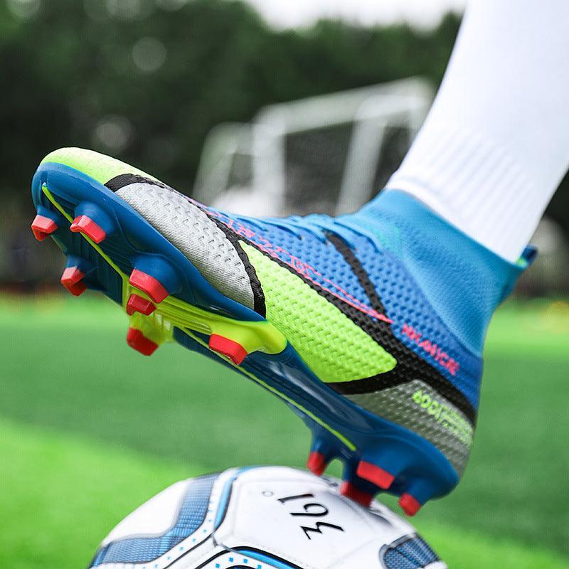 Blue and neon green soccer cleat with red studs, textured mesh material, snug fit, on field