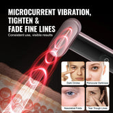 Handheld beauty device with microcurrent vibration visually treating fine lines, dark circles, periorbital darkness, nasolabial folds, and tear troughs; shown in close-up on skin with effect illustration.