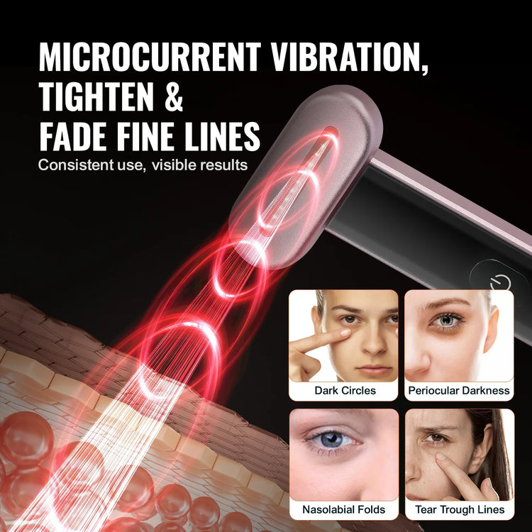 Handheld beauty device with microcurrent vibration visually treating fine lines, dark circles, periorbital darkness, nasolabial folds, and tear troughs; shown in close-up on skin with effect illustration.