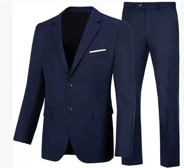 Slim fit navy blue suit with blazer and trousers set, featuring two-button closure and pocket detailing.