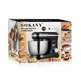 Black kitchen stand mixer with stainless steel bowl and baking attachments shown on packaging
