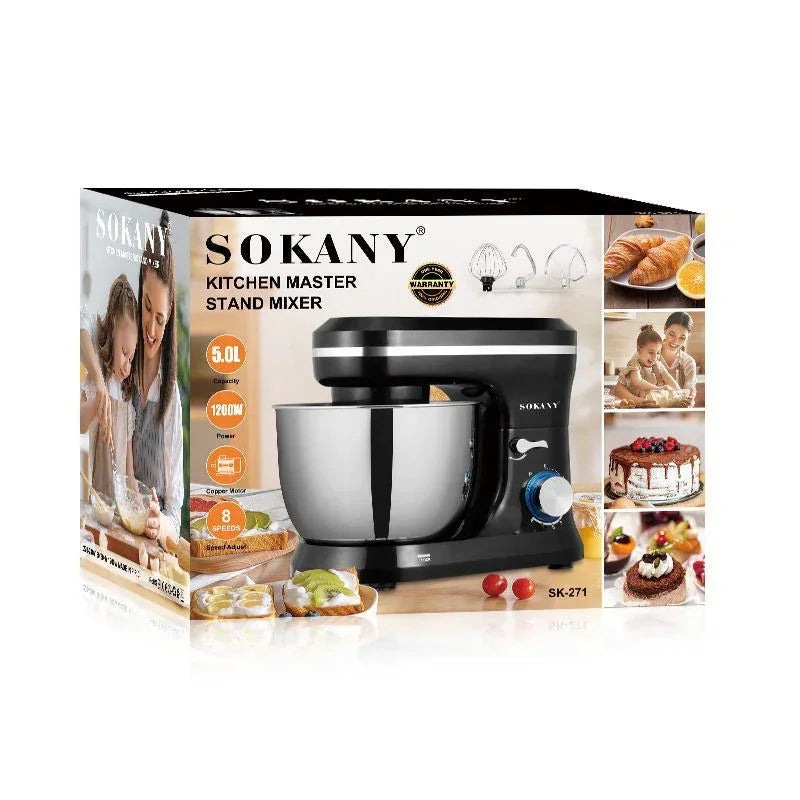 Black kitchen stand mixer with stainless steel bowl and baking attachments shown on packaging