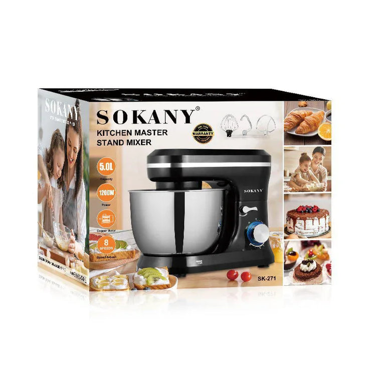 Black kitchen stand mixer with stainless steel bowl and baking attachments shown on packaging