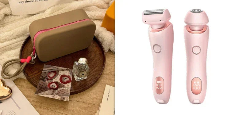 Pink and beige travel case with matching pink electric shaver and skincare device set
