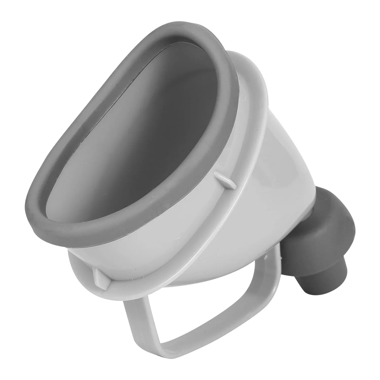 Gray silicone and plastic travel urinal funnel with ergonomic handle, modern design