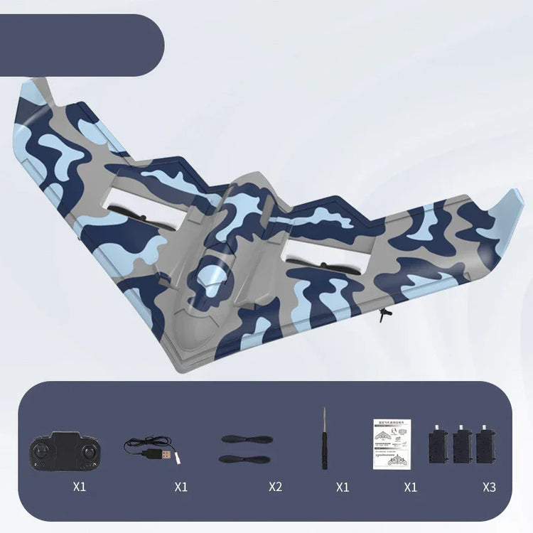 Wing-shaped toy drone with blue camouflage pattern, lightweight plastic, remote control, accessories displayed