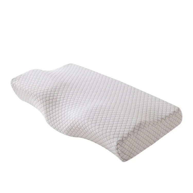 Contoured white memory foam pillow with textured quilted cover for ergonomic neck support