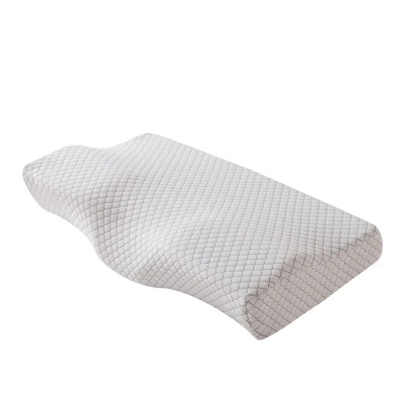 Contour memory foam pillow with textured white cover, ergonomic design for neck support