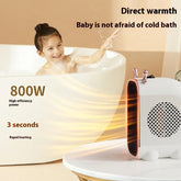 Child enjoying bath in white tub with portable electric heater providing rapid warmth, modern bathroom setting