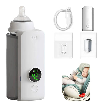 White portable baby bottle warmer with digital display, USB cable, and baby in car seat using warmer