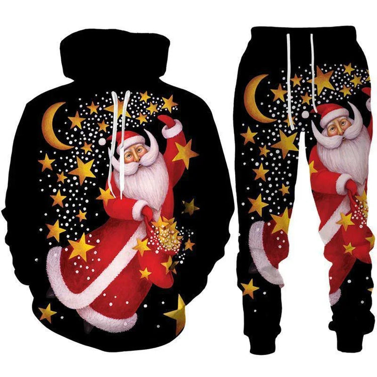 Festive black hoodie and joggers set with colorful Santa Claus, star, and moon print, relaxed fit.