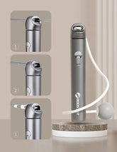 Sleek metallic adjustable jump rope with quick-release mechanism, shown in step-by-step setup.