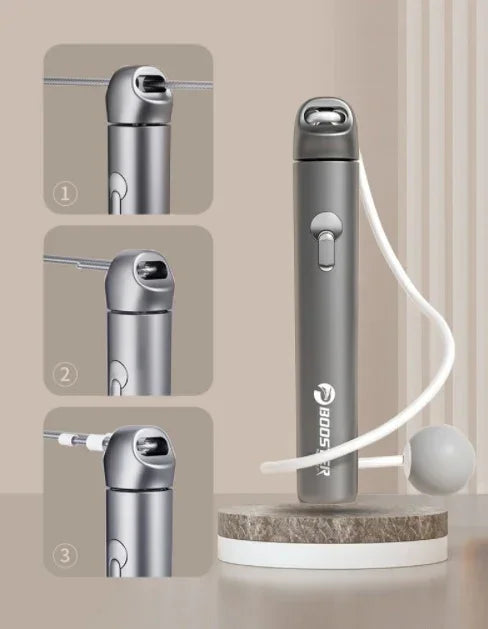 Sleek metallic adjustable jump rope with quick-release mechanism, shown in step-by-step setup.