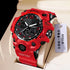 Bold red and black digital-analog sport watch with chunky resin case and durable strap